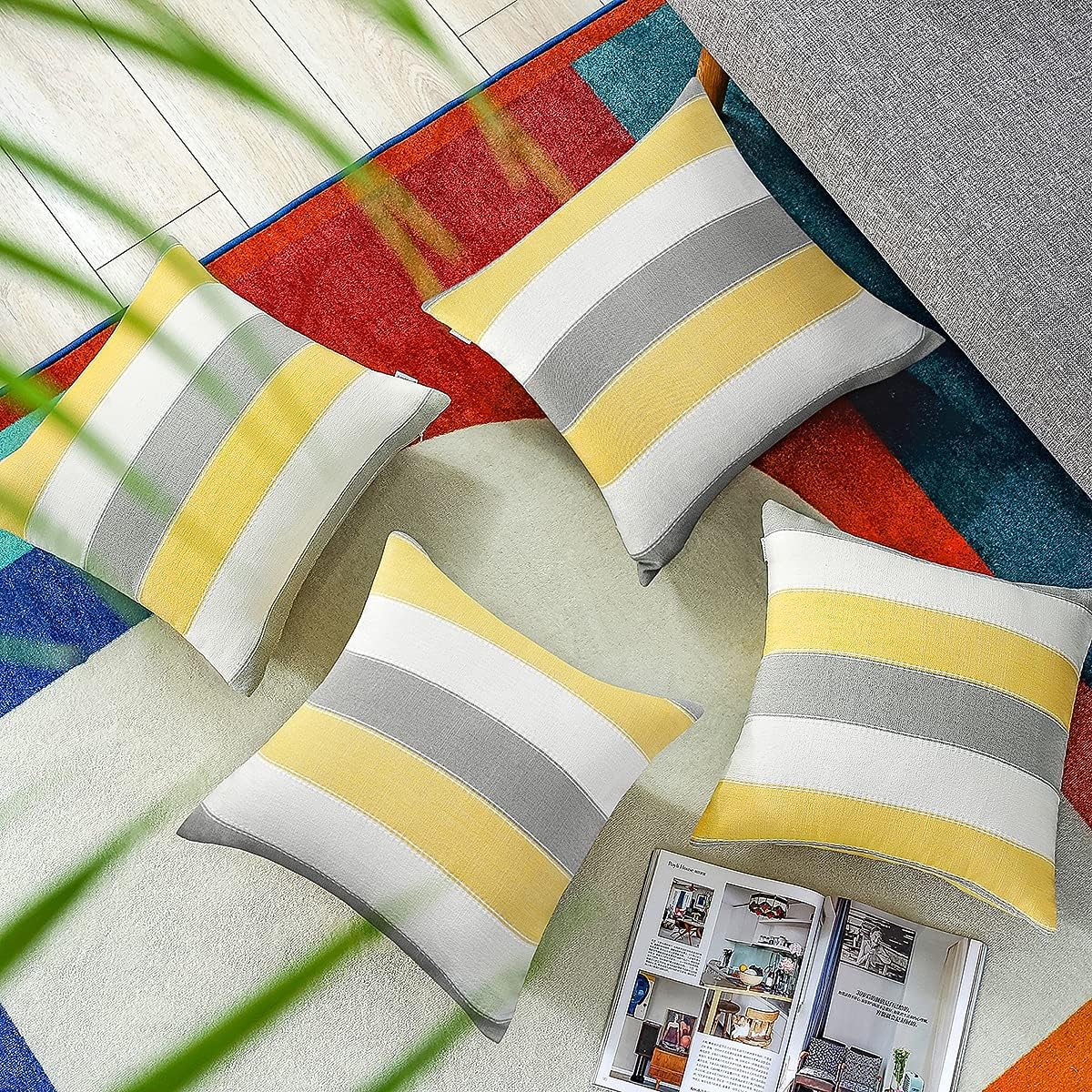 AmHoo Pack of 2 Farmhouse Stripe Check Throw Pillow Covers Set Case Cotton Linen Decorative Pillowcases Cushion Cover for Couch Bench Sofa 18x18Inch Yellow Beige