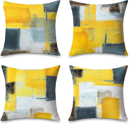 4 Pack Yellow Grey Throw Pillow Covers 18x18 Printed Art Decor, Polyester Modern Abstract Art, Decorative Cushion Cases for Couch Sofa Bed, for Family Friend, Vibrant Home Decor