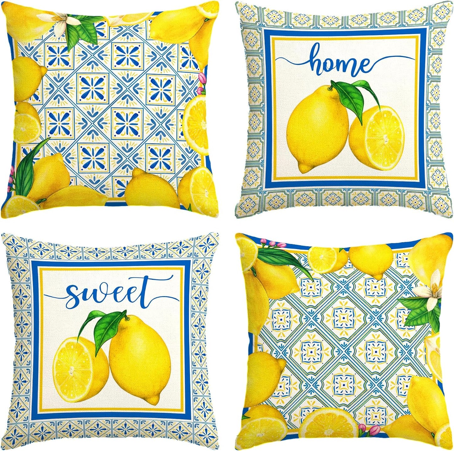 Italian Lemon Pillow Cases - Blue & Cyan Burlap Artifical Fruit Farmhouse Decorations for Spring/Summer Life & Party