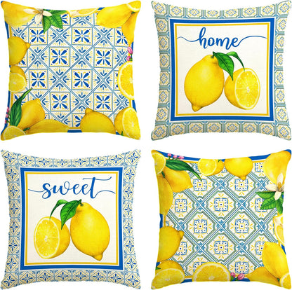 Italian Lemon Pillow Cases - Blue & Cyan Burlap Artifical Fruit Farmhouse Decorations for Spring/Summer Life & Party