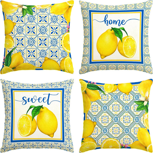 Italian Lemon Pillow Cases - Blue & Cyan Burlap Artifical Fruit Farmhouse Decorations for Spring/Summer Life & Party