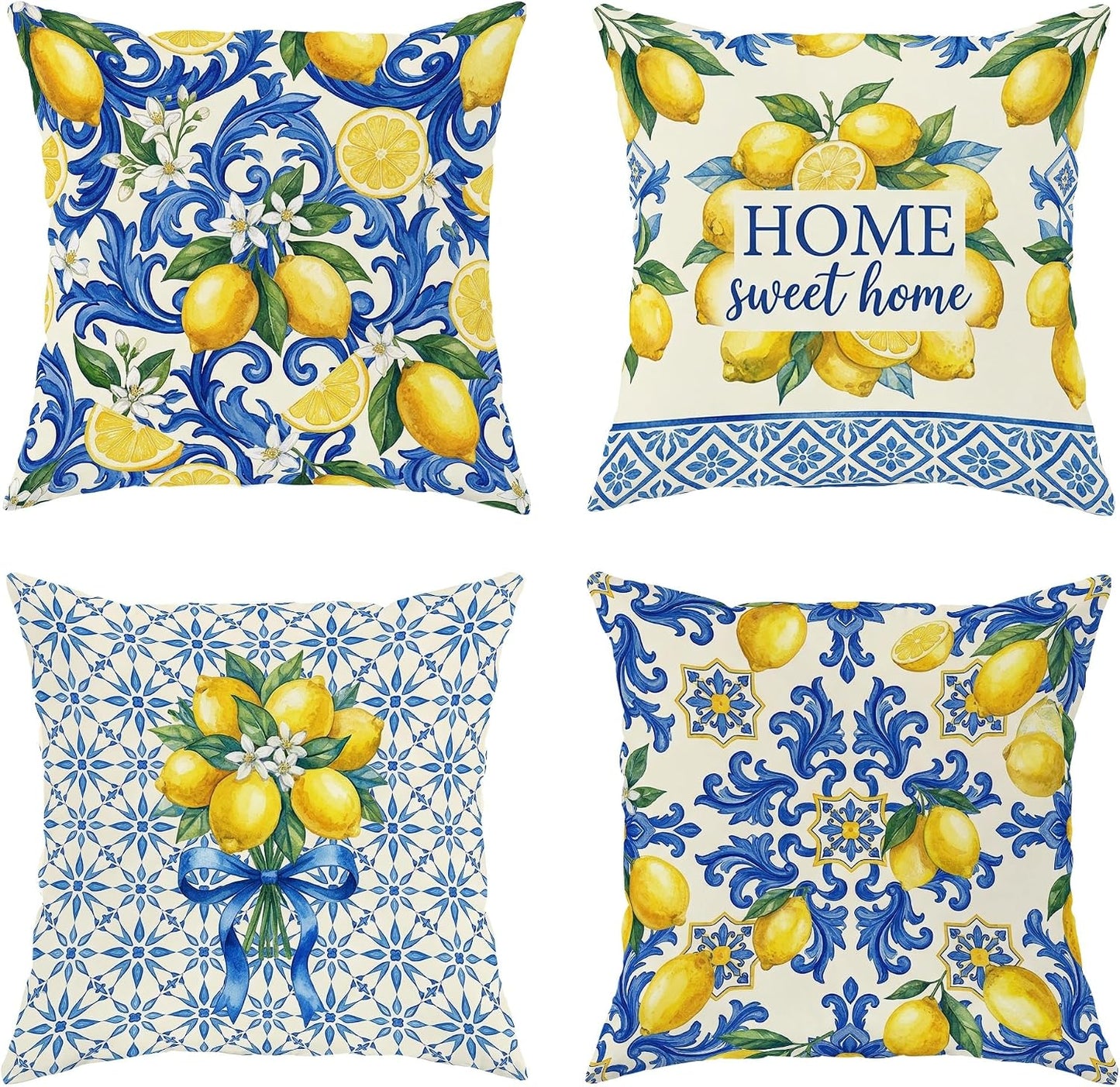 Lemon Throw Pillow Covers Set of 4, Mediterranean Traditional Floral Blue Swirls Summer Yellow Soft Velvet Washable Cushion Covers Pillow for Living Room Bedroom Loft Office Car Decor 16x16 Inch