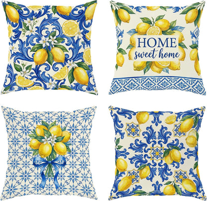 Lemon Throw Pillow Covers Set of 4, Mediterranean Traditional Floral Blue Swirls Summer Yellow Soft Velvet Washable Cushion Covers Pillow for Living Room Bedroom Loft Office Car Decor 16x16 Inch