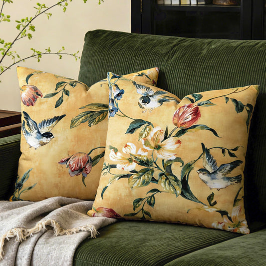 Designer Velvet Vintage Birds Yellow Pillow Covers 18"X 18"Set of 2，farmhouse Outdoor Decorative Rectangle Throw Pillow Covers,Mustard Yellow Floral Throw Pillow Case for Couch Sofa Bed Living Room