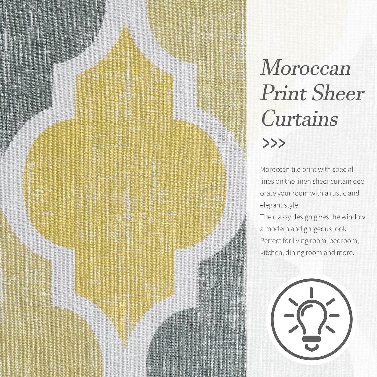 Beauoop Lattice Moroccan Tile Print Valances Geometric Quatrefoil Kitchen Curtains Valances Semi Sheer Rod Pocket Valance for Bathroom Window Treatment, 50 x 18 Inch, Yellow/Grey, 1 Panel