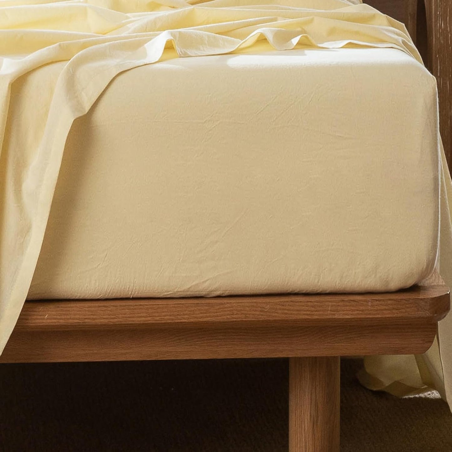 Fitted Bottom Sheet Only 100% Washed Cotton Linen Like Textured Breathable Durable Soft Comfy Deep Pocket Fits Mattress up to 17" (Heathered Butter Yellow, Full)