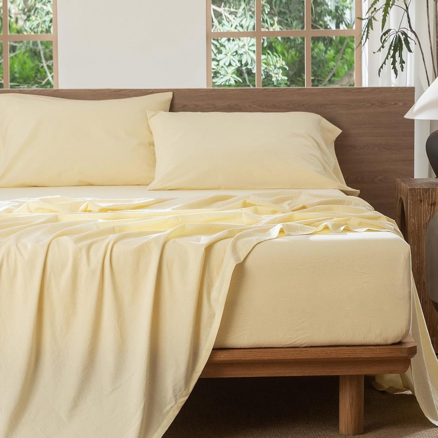 Fitted Bottom Sheet Only 100% Washed Cotton Linen Like Textured Breathable Durable Soft Comfy Deep Pocket Fits Mattress up to 17" (Heathered Butter Yellow, Full)