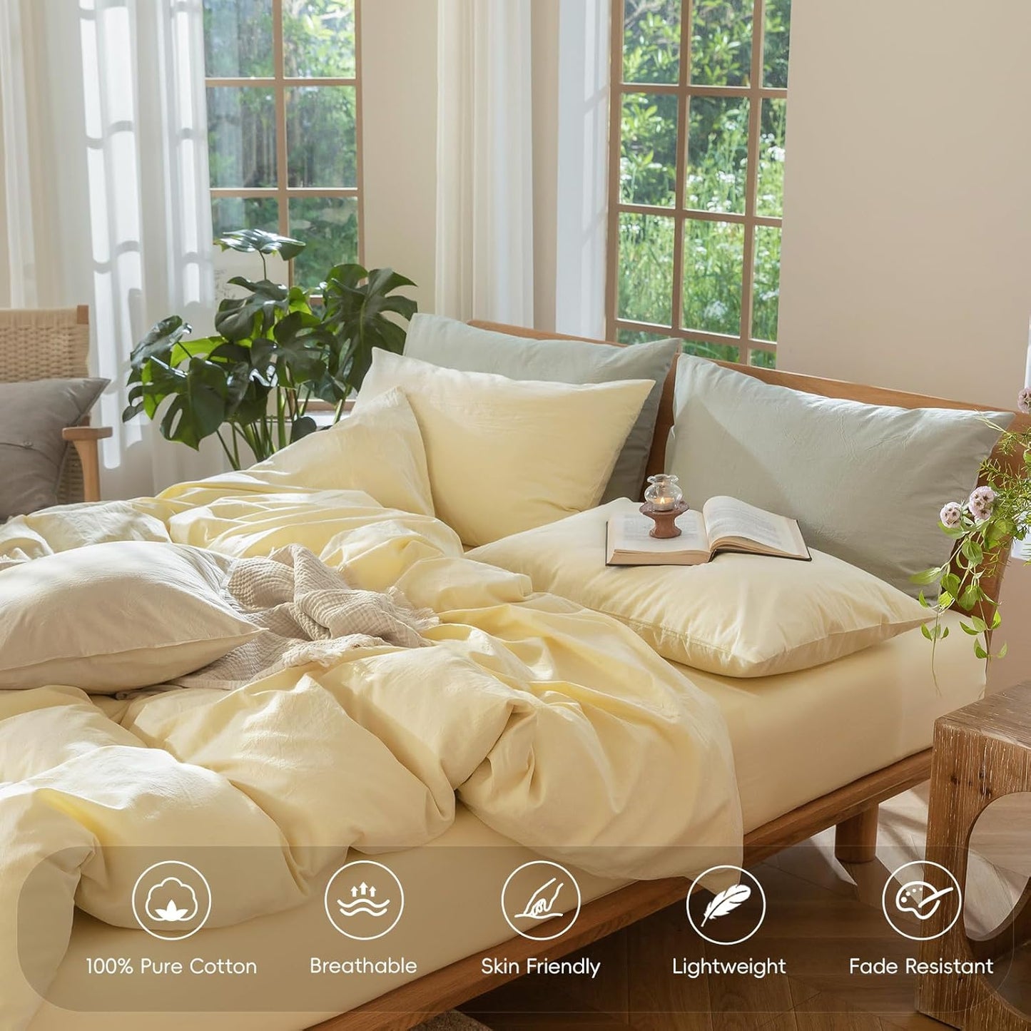 Fitted Bottom Sheet Only 100% Washed Cotton Linen Like Textured Breathable Durable Soft Comfy Deep Pocket Fits Mattress up to 17" (Heathered Butter Yellow, Full)