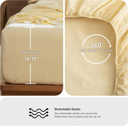 Fitted Bottom Sheet Only 100% Washed Cotton Linen Like Textured Breathable Durable Soft Comfy Deep Pocket Fits Mattress up to 17" (Heathered Butter Yellow, Full)