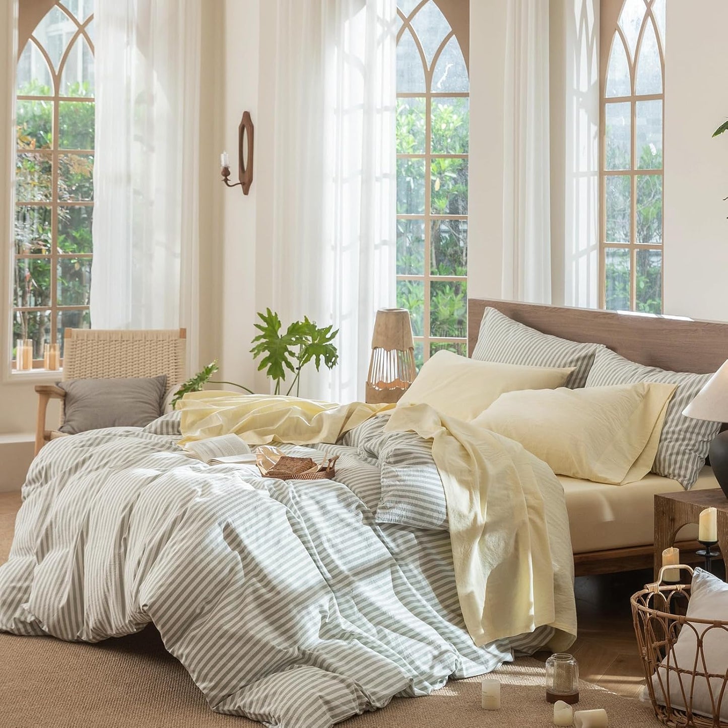 Fitted Bottom Sheet Only 100% Washed Cotton Linen Like Textured Breathable Durable Soft Comfy Deep Pocket Fits Mattress up to 17" (Heathered Butter Yellow, Full)