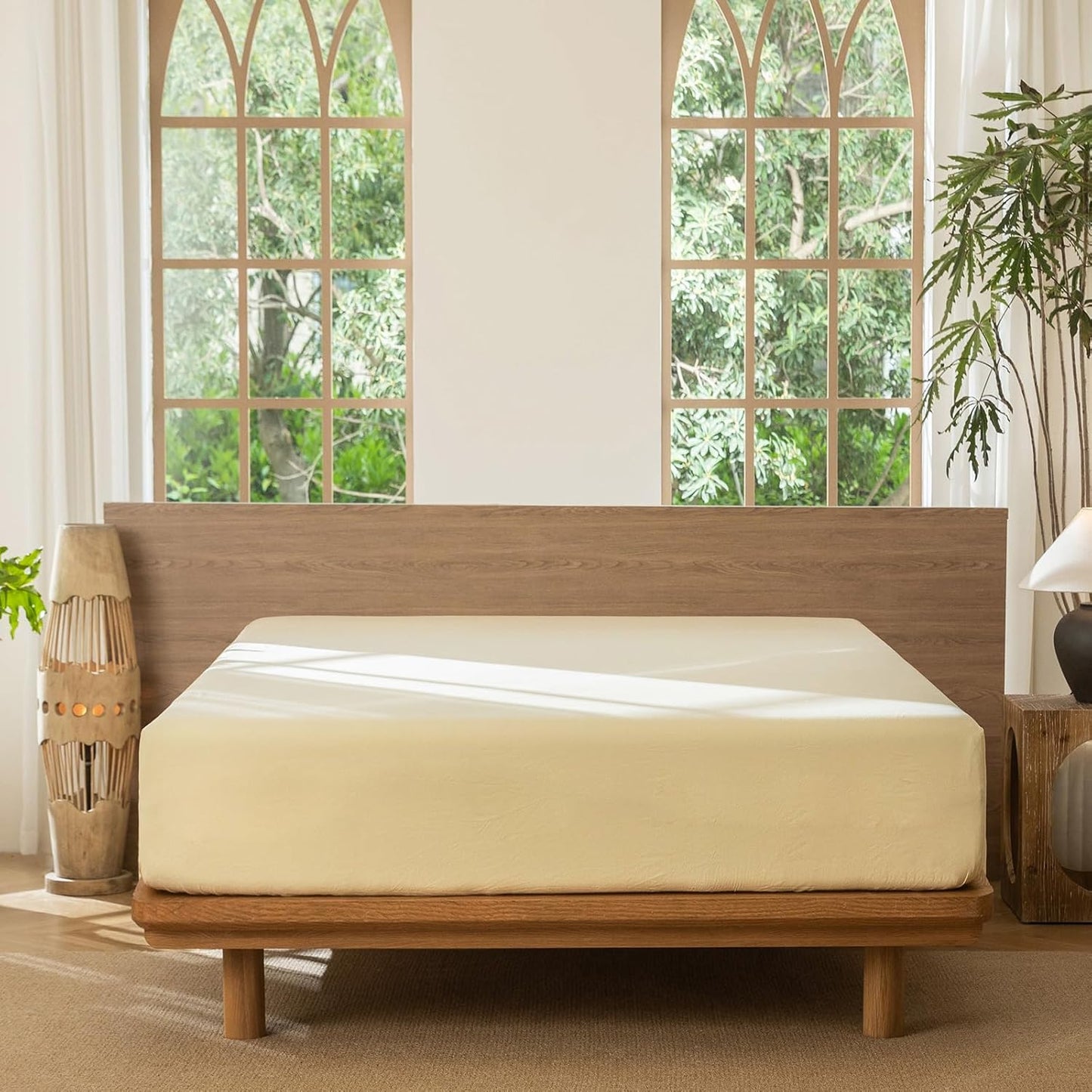 Fitted Bottom Sheet Only 100% Washed Cotton Linen Like Textured Breathable Durable Soft Comfy Deep Pocket Fits Mattress up to 17" (Heathered Butter Yellow, Full)