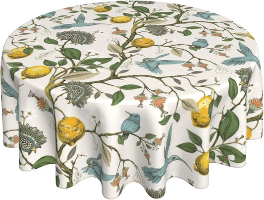 Boho Round Tablecloth 70 Inch Chinoiserie Vintage Lemon Floral Bird Table Cloth Spring Summer Table Covers Polyester Indoor Outdoor Farmhouse Tablecloth for Kitchen Dining Party Picnic
