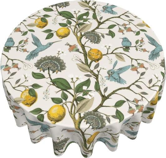 Boho Round Tablecloth 70 Inch Chinoiserie Vintage Lemon Floral Bird Table Cloth Spring Summer Table Covers Polyester Indoor Outdoor Farmhouse Tablecloth for Kitchen Dining Party Picnic
