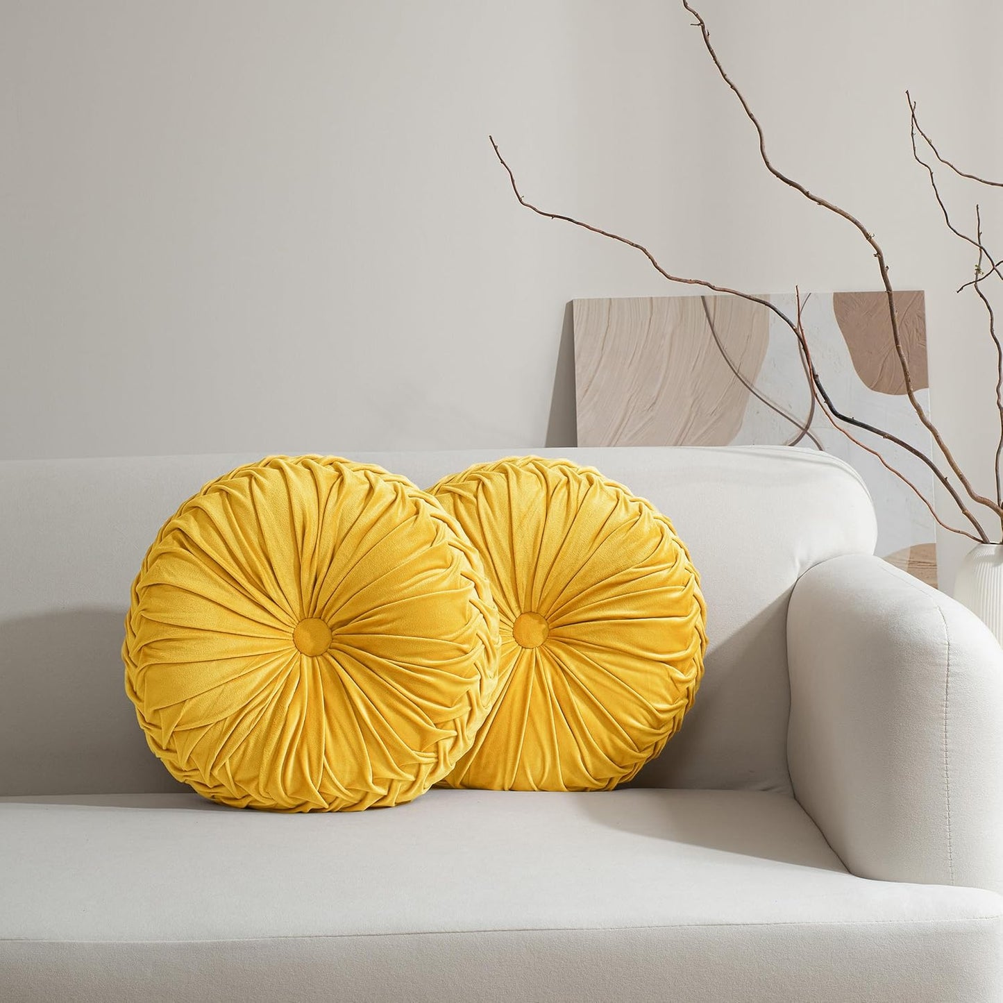HIG Set of 2 Yellow Ruched Velvet Round Throw Pillows – 14.5’’ Decorative Pillows with Soft Polyester Filling for Couch, Bed, Living Room, Bedroom, or Dorm – Handmade, Stress Relieving, All-Season