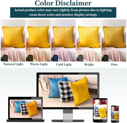 PAVILIA Mustard Yellow Throw Pillow Covers with Pom Pom 18x18 Set of 2, Decorative Pillow Cases for Bedroom Aesthetic, Small Throw Pillows Set for Bed, Velvet Euro Plush Cushion Covers for Sofa Couch