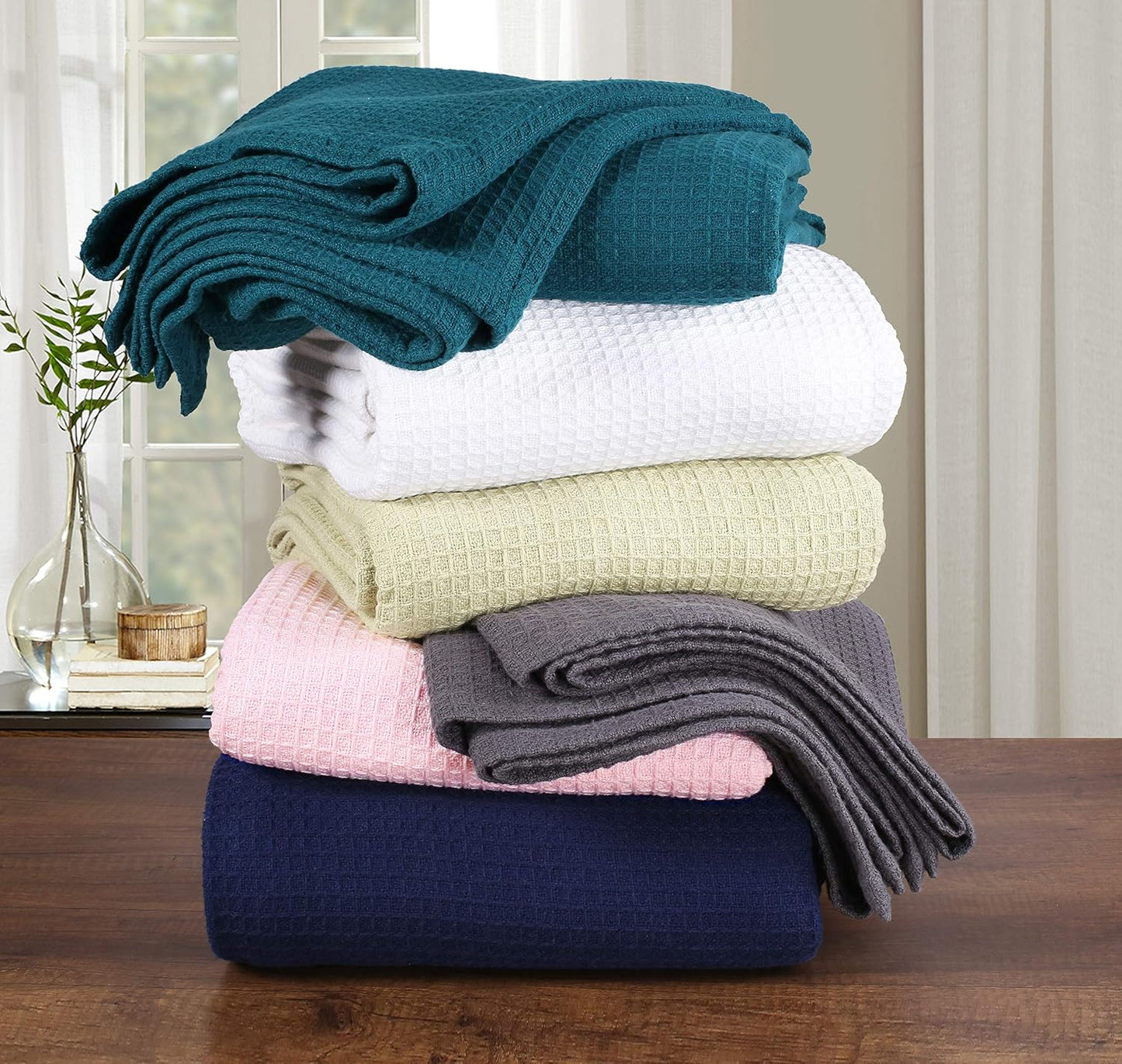 GLAMBURG 100% Cotton Thermal Blanket, Breathable Waffle Blanket, King Size, All Season, Mustard Yellow