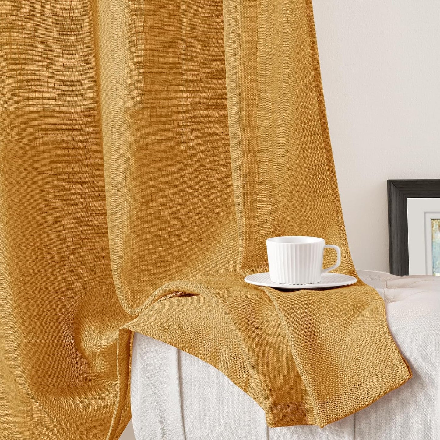 HOMEIDEAS Yellow Linen Textured Sheer Curtains, 84 Inches Long 2 Panels Semi Sheer Curtains Farmhouse Window Drapes for Bedroom Living Room, 2 Panels, W52 x L84