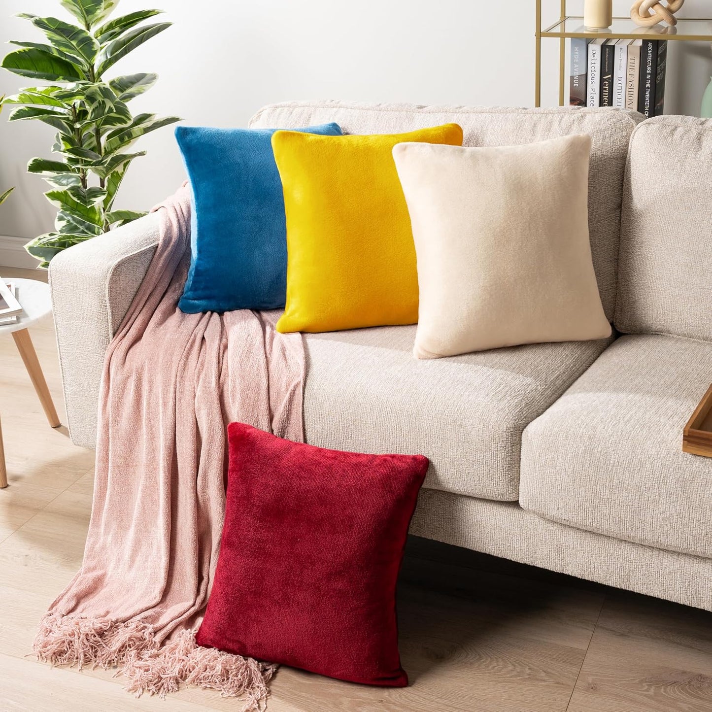 PAVILIA Mustard Yellow Velvet Fleece Throw Pillow Covers 18x18 Set of 2, Soft Decorative Cushion Covers for Couch Sofa Bed, Square Accent Pillow Cases with Hidden Zipper