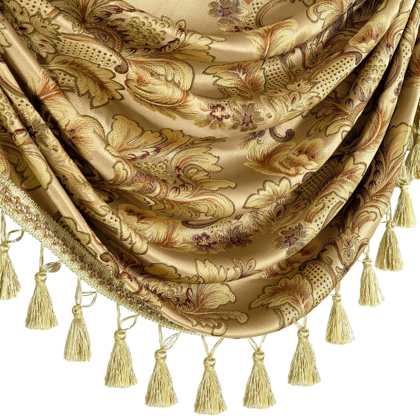 Loom and Mill Luxury Waterfall Valances for Windows, Elegant Jacquard Thick Swag Waterfall Curtains Valance with Tassels for Living Room, Bedroom Party Christmas Decor (Yellow, W110 Inch, 1 Panel)