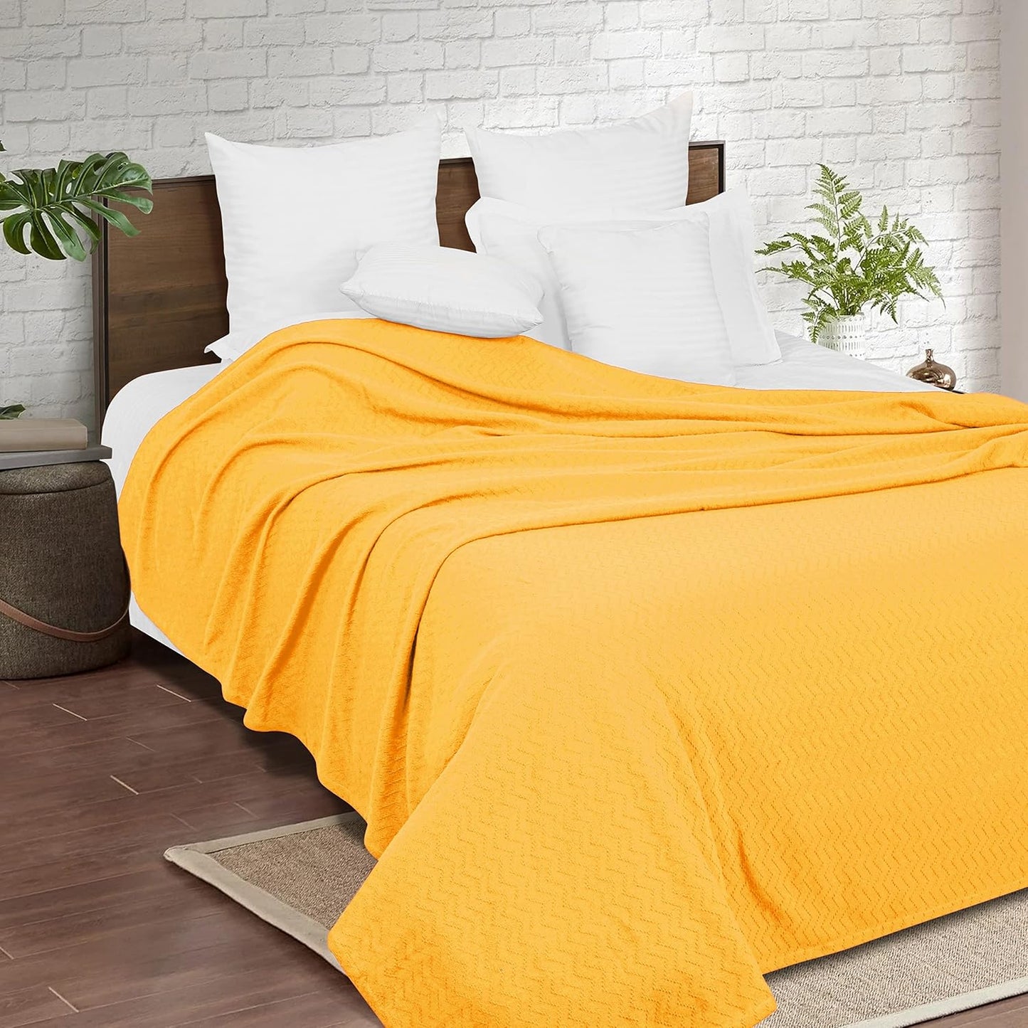 BELIZZI HOME 100% Cotton Bed Blanket, Breathable Thermal Blanket Full -Queen Size, Soft Chevron Thermal Blanket 90"x90", Cotton Bed Blanket, Perfect for Layering Any Bed for All Season, Mustard Yellow
