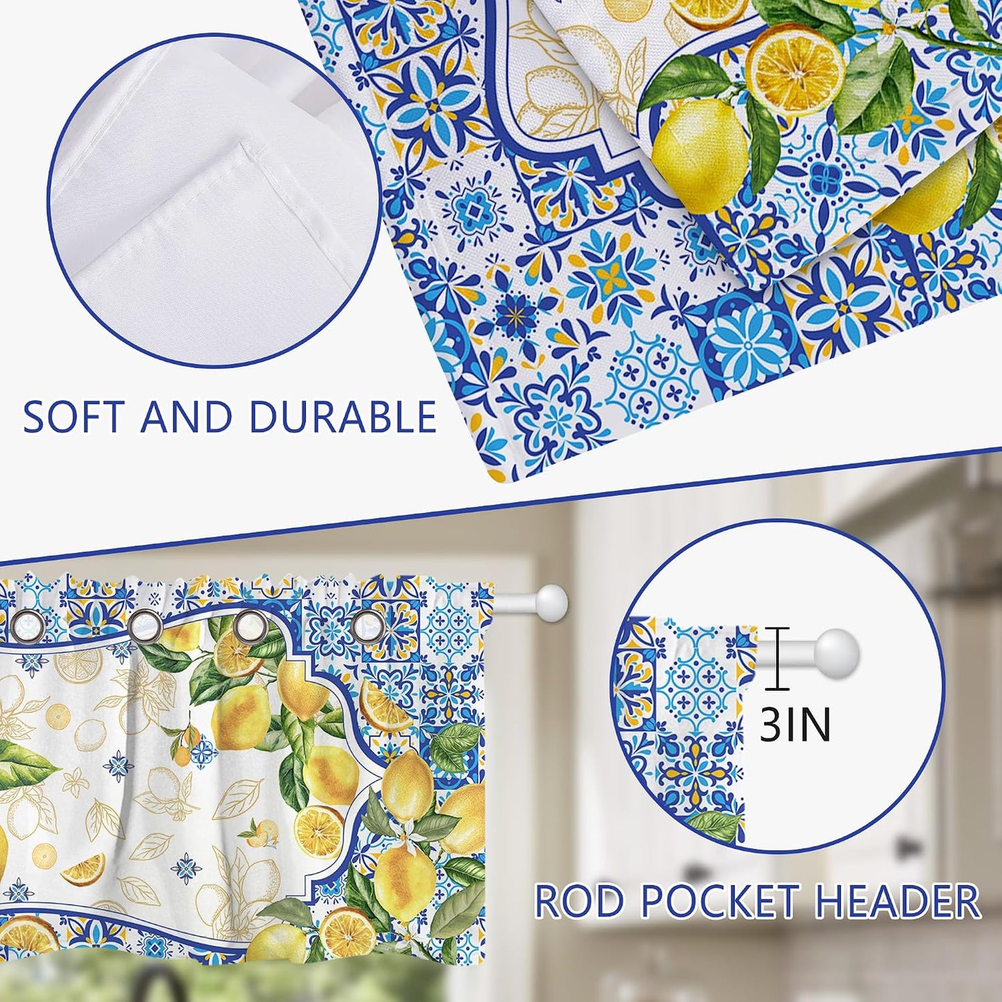 Lemon Mediterranean Kitchen Curtains, Yellow and Blue Summer Curtain Sets for Windows, Farmhouse Sunshine Window Curtains Over Sink and Valances Set of 3, Seasonal Decorations for Home, 54”x24”