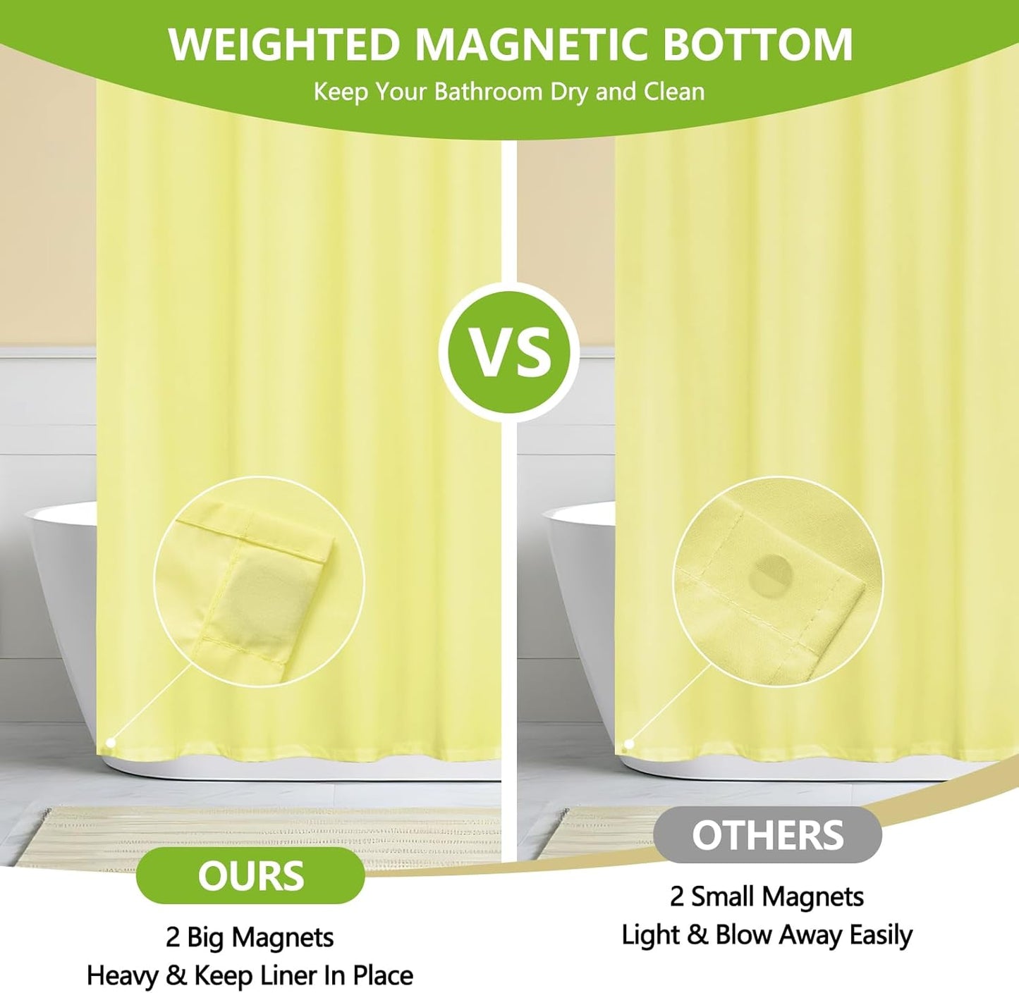 Waterproof Soft Microfiber Shower Curtain TPU Backed Lightweight, Bright Yellow Fabric Shower Curtain Liner with 2 Large Magnets, 72 x 72 Inch Hotel Quality Cloth Bathroom Curtain Washable