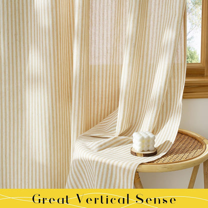 NICETOWN Cream Yellow Window Curtains for Bedroom, Tie Top Striped Print Thick Linen Light Filtering Window Treatments DIY Crafted Privacy for Kids Room, W52 x L84, 2 Panels