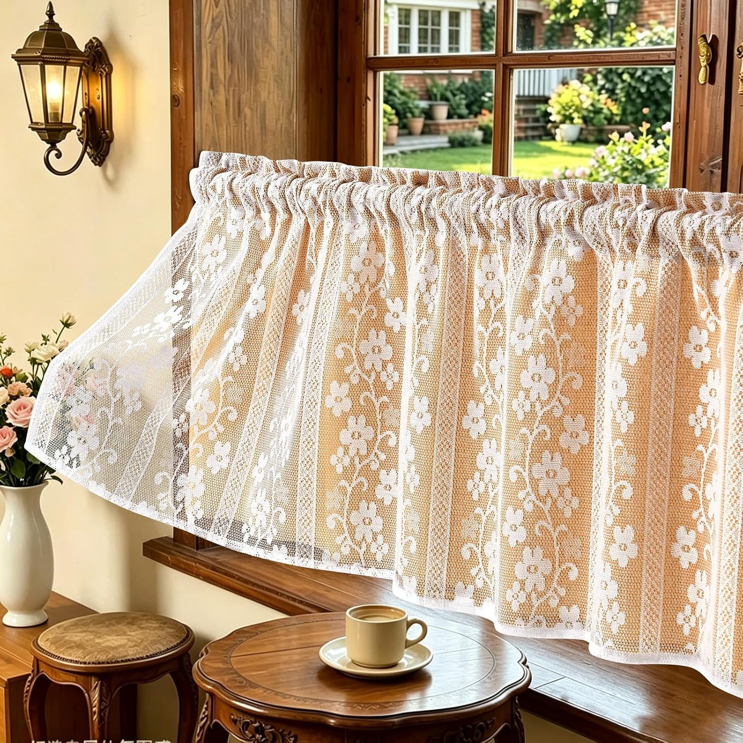 ASPMIZ Linen Valances for Windows Double Layer Valance Curtains with Lace Overlay, Mustard Yellow Kitchen Curtains Light Filtering, Rod Pocket Window Valances for Living Room, Kitchen, Cafe, 52x18