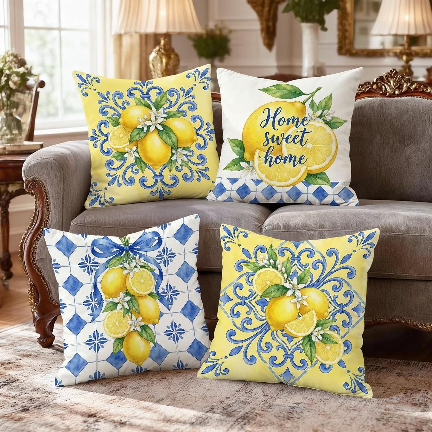 Lemon Throw Pillow Covers Set of 4, Farmhouse Rustic Flower Blue Pattern Summer Yellow with Hidden Zipper Cushion Covers Pillow for Living Room Bedroom Loft Office Car Decor 16x16 Inch