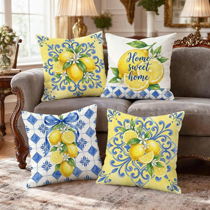 Lemon Throw Pillow Covers Set of 4, Farmhouse Rustic Flower Blue Pattern Summer Yellow with Hidden Zipper Cushion Covers Pillow for Living Room Bedroom Loft Office Car Decor 16x16 Inch