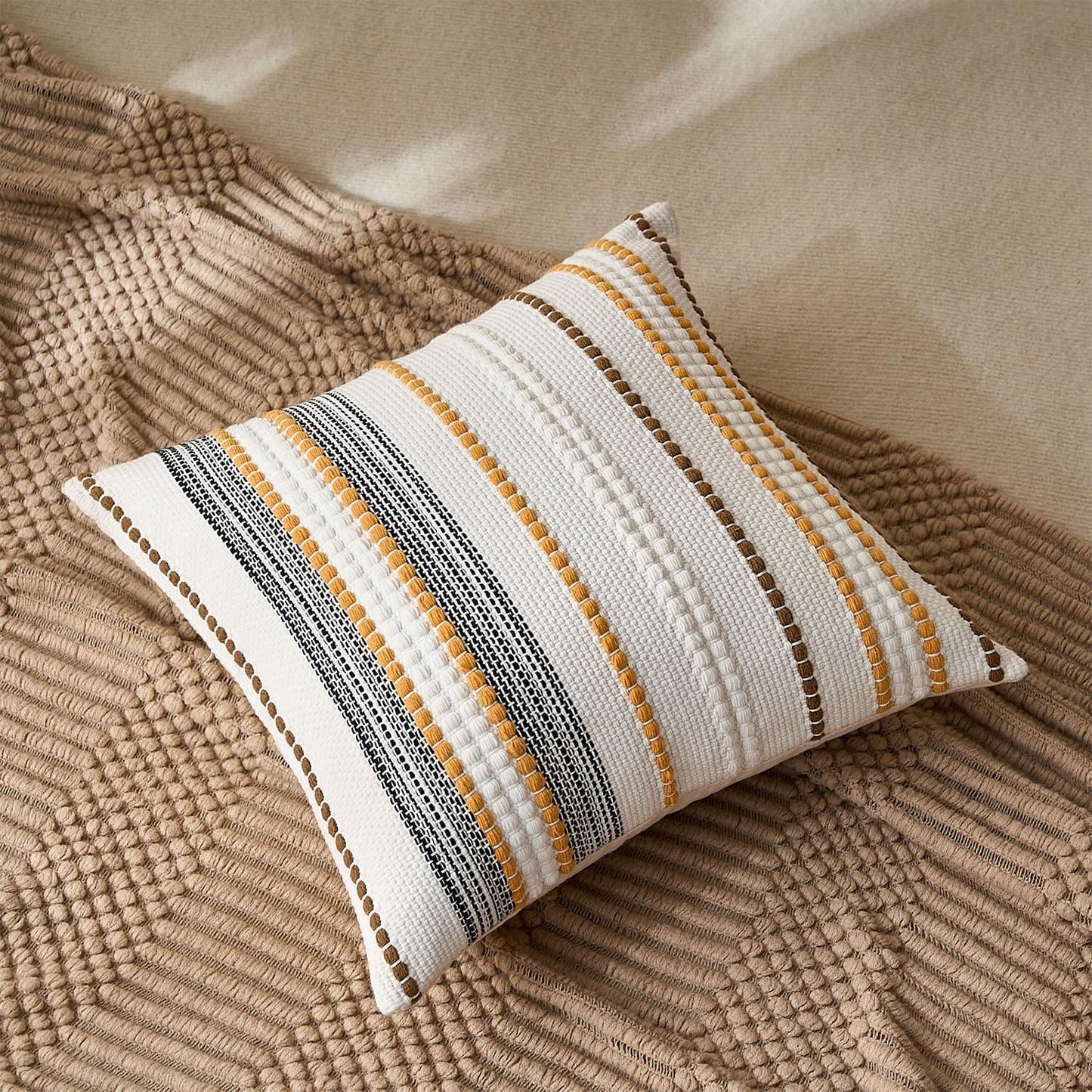 Farmhouse Throw Pillow Covers Accent Pillows Fall Pillow Covers 18x18 Boho Decorative Textured Woven Cushion Cases Set of 2 Mustard Yellow Striped Couch Covers for Couch Bed Living Room Home