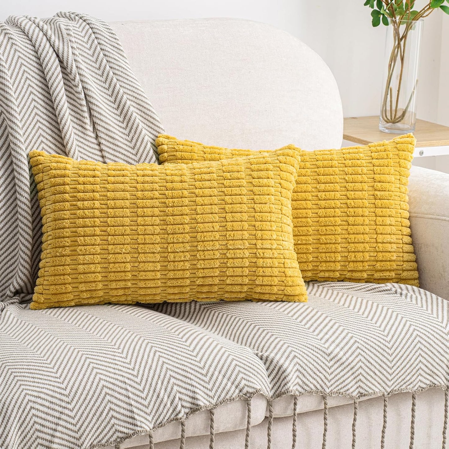 HWY 50 Mustard Yellow Corduroy Decorative Throw Pillow Covers 12x20 Inch Rectangle, Pack of 2, Soft Striped Farmhouse Boho Cushion Cases for Couch Sofa Bed Living Room