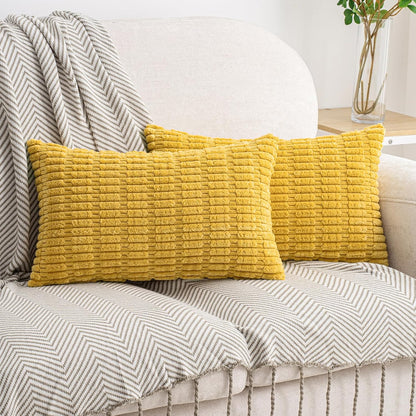 HWY 50 Mustard Yellow Corduroy Decorative Throw Pillow Covers 12x20 Inch Rectangle, Pack of 2, Soft Striped Farmhouse Boho Cushion Cases for Couch Sofa Bed Living Room