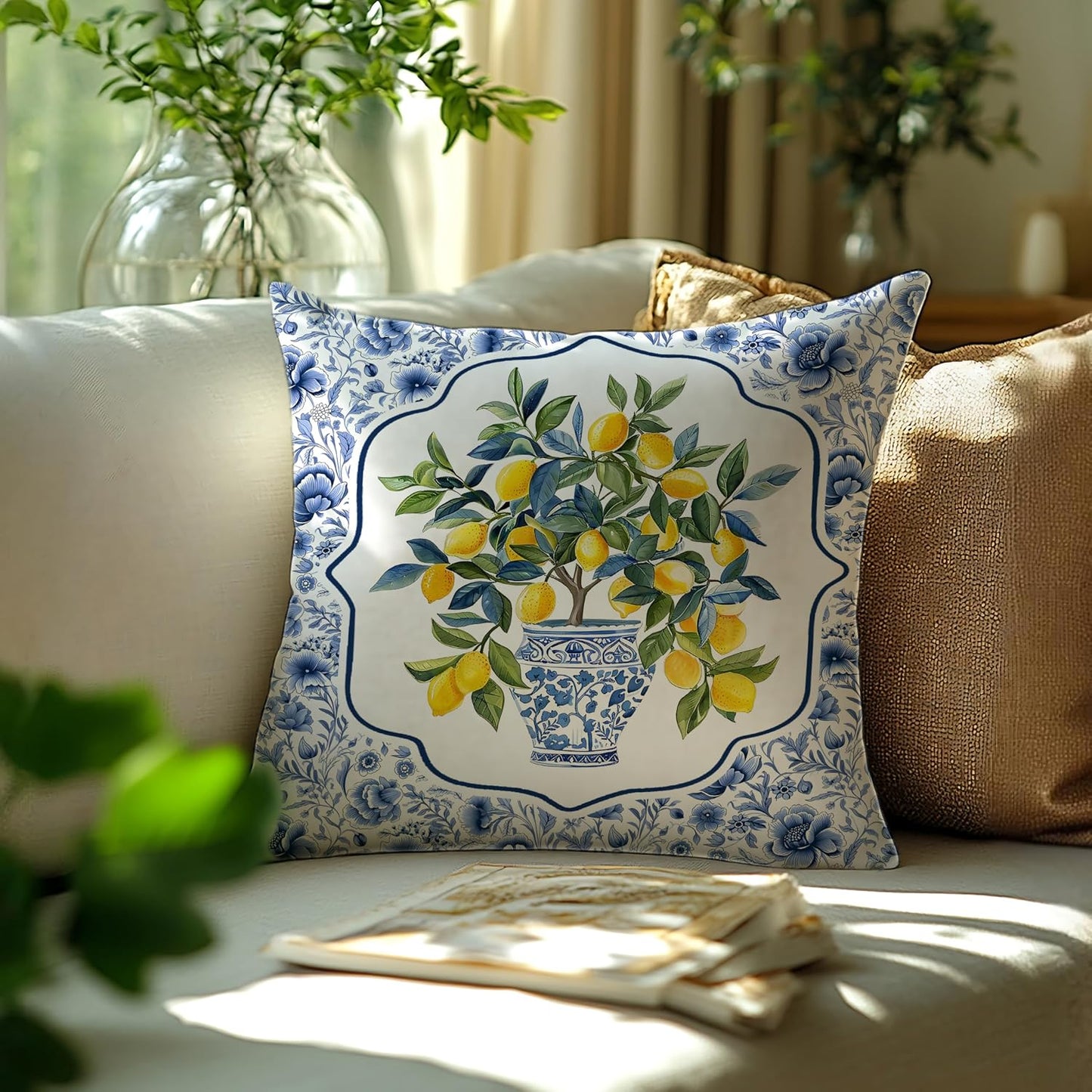 Chinoiserie Lemon Floral Pillow Cover 18x18 Double-Sided,Summer Blue and White Decorative Throw Pillow Cover for Couch Bed Bedroom Living Room