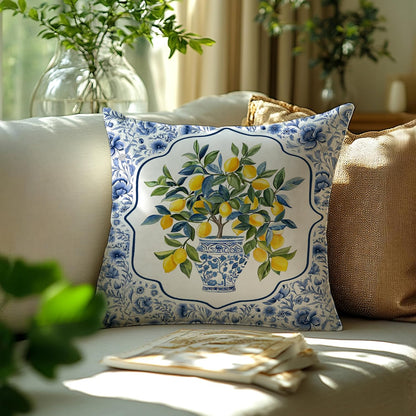 Chinoiserie Lemon Floral Pillow Cover 18x18 Double-Sided,Summer Blue and White Decorative Throw Pillow Cover for Couch Bed Bedroom Living Room