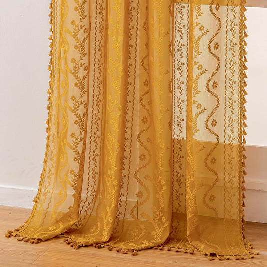 WAZZIO Boho Lace Curtains 2 Panels 63 Inch -Victorian Sheer Panel Drape French Country Floral Pattern & Tassel Light Filtering Privacy for Bedroom Dining Living Room,Coastal Decor,Yellow,W52x L63