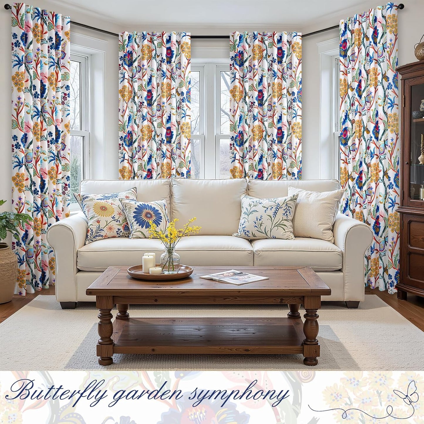 Topfinel Blackout Curtains for Bedroom Butterfly Flower Boho Farmhouse 72 Inch Long Drapes for Dining Room Living Room Royal Blue and Yellow French Country Hooks Rings Window Drapes,2 Panels