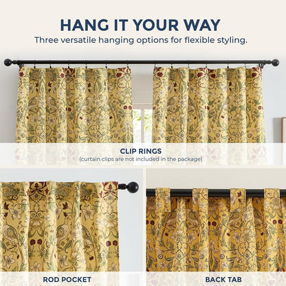 HLC.ME Florence Mustard Yellow Floral Curtains - Whimsical Hummingbird Chinoiserie Patterned Back Tab Rod Pocket Print Curtains Bedroom - Light Blocking Darkening Window Panels, Set of 2 (52 W x 84 L)