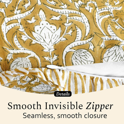 CPC Block Print Ruffle Throw Cover Mustard Regal 18"x18" Inch Pack of 2-100% Cotton Ruffle Couch Decorative Boho Pillows Case for Living Room, Bedroom, Sofa, Farmhouse Gift for Spring, Mother's Day