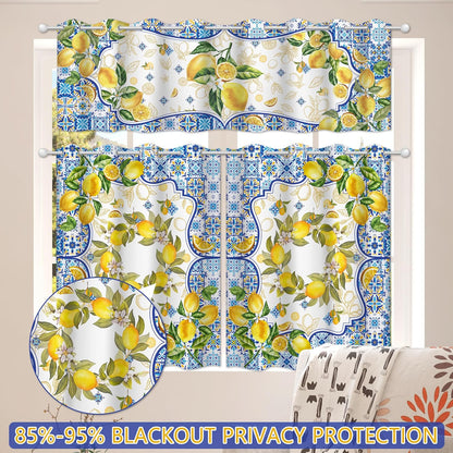 Lemon Mediterranean Kitchen Curtains, Yellow and Blue Summer Curtain Sets for Windows, Farmhouse Sunshine Window Curtains Over Sink and Valances Set of 3, Seasonal Decorations for Home, 54”x24”