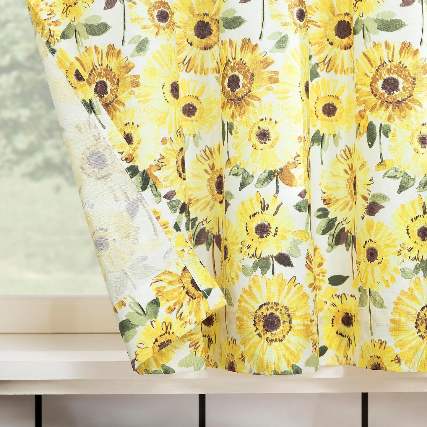 No. 918 Sunbeam Sunflower Print Semi-Sheer Rod Pocket Kitchen Curtain Valance and Tiers Set, 54" x 24", Yellow