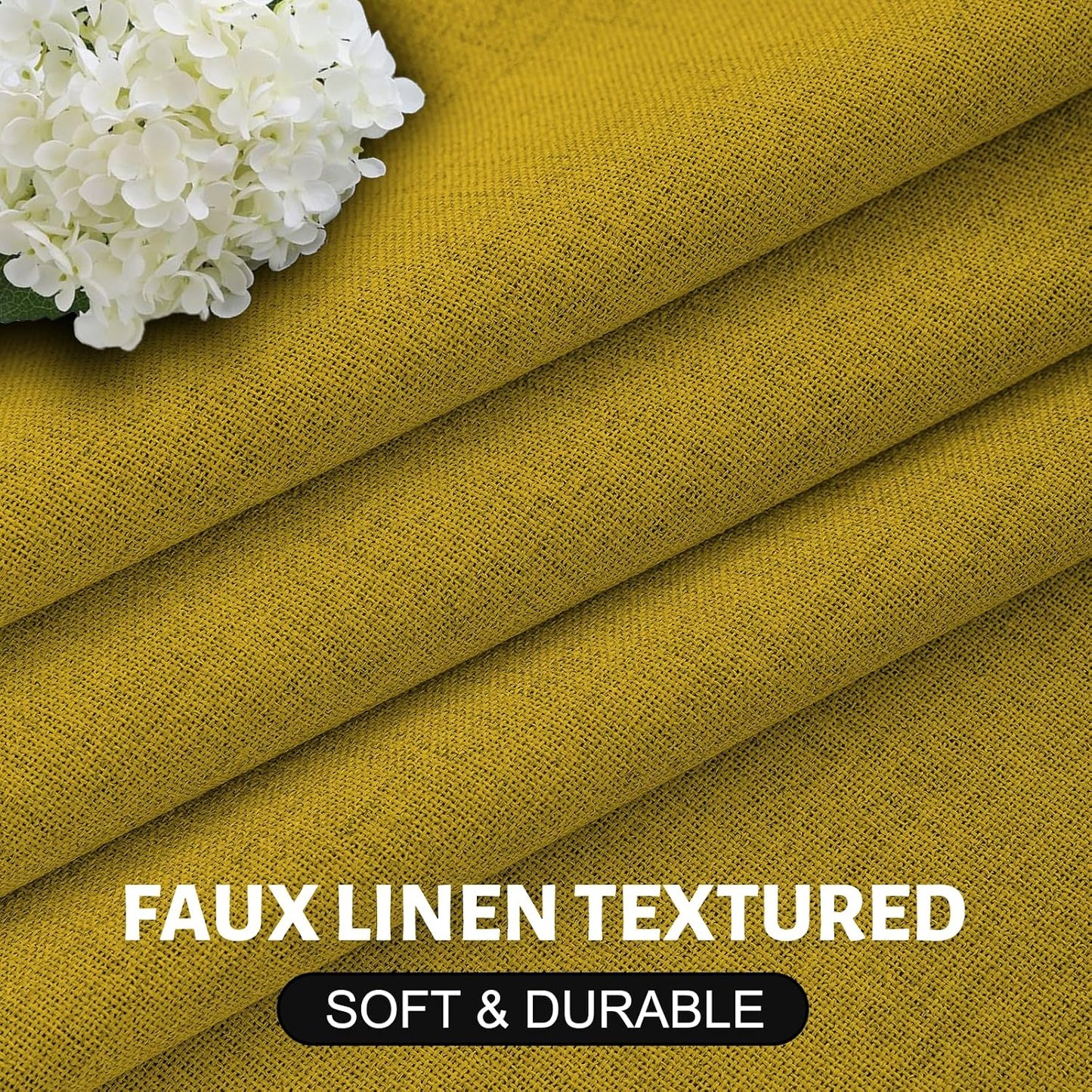 SimpleHome Mustard Yellow Linen Curtains for Bedroom 90 Inch Long 2 Panel Set,100% Blackout Faux Linen Textured Curtains Grommet for Living Room with White Liner Grommet