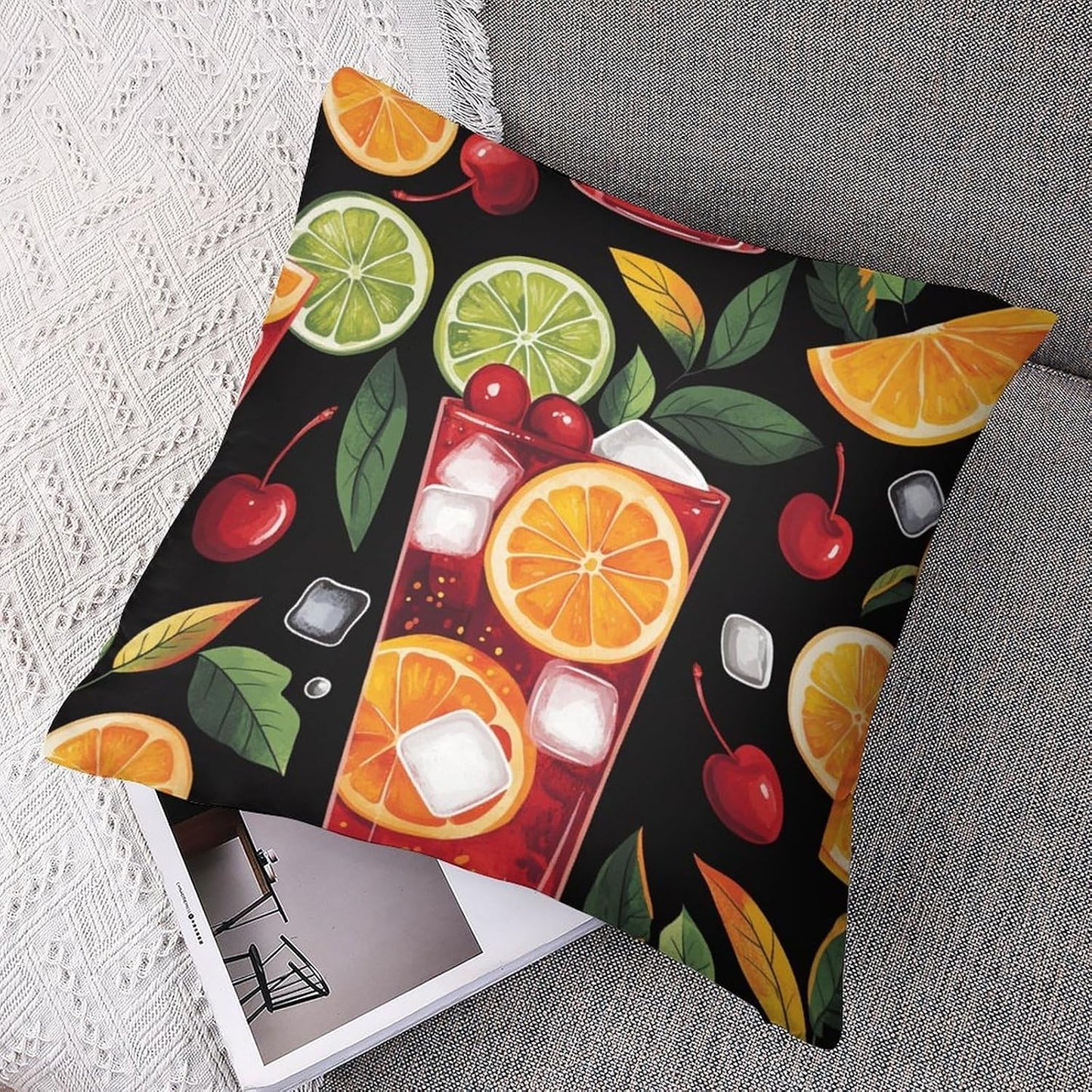 Cartoon Lemon Cocktail Throw Pillow Covers for Living Room Bedroom, Rustic Summer Fruit Drink Pillowcases Outdoor Cushion Case for Couch Sofa Bed, 12x12 inch