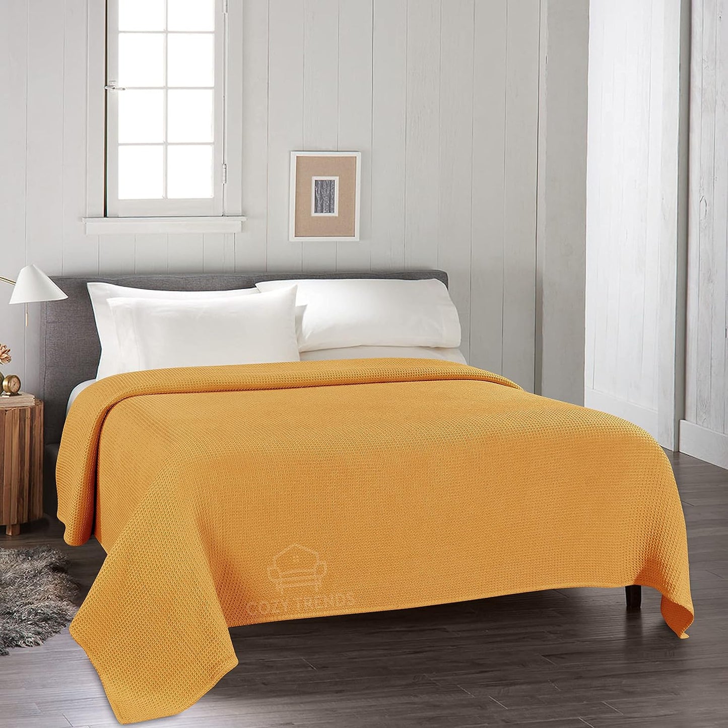 Luxurious Combed Cotton Waffle Weave Super Soft, Cozy Warm, Breathable, Light Weight, Stylish, All Season Thermal Blankets Twin/Full/Queen/King (Mustard Yellow, Full/Queen)