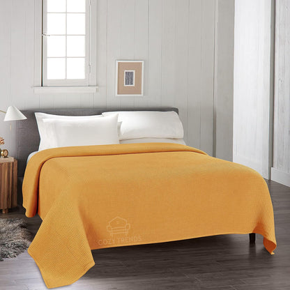 Luxurious Combed Cotton Waffle Weave Super Soft, Cozy Warm, Breathable, Light Weight, Stylish, All Season Thermal Blankets Twin/Full/Queen/King (Mustard Yellow, Full/Queen)