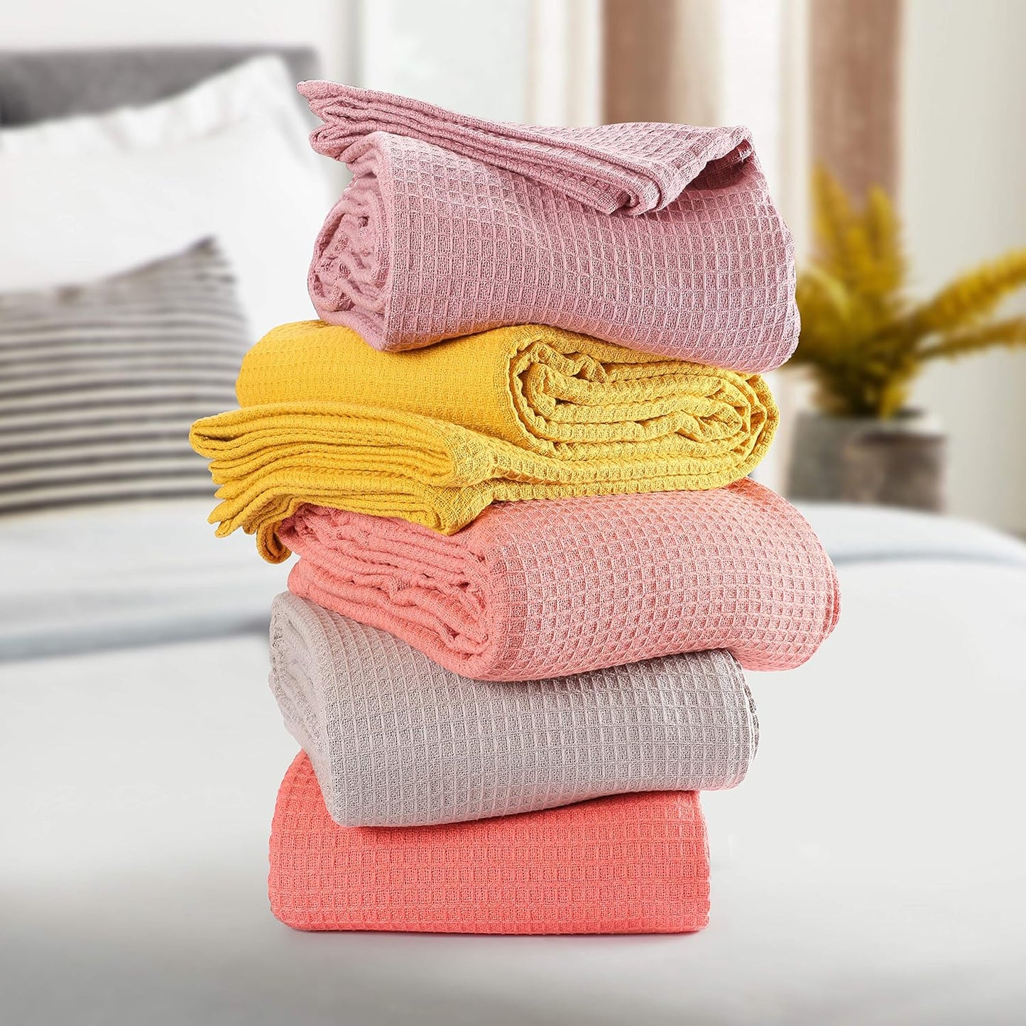 GLAMBURG 100% Cotton Thermal Blanket, Breathable Waffle Blanket, King Size, All Season, Mustard Yellow