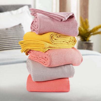 GLAMBURG 100% Cotton Thermal Blanket, Breathable Waffle Blanket, King Size, All Season, Mustard Yellow