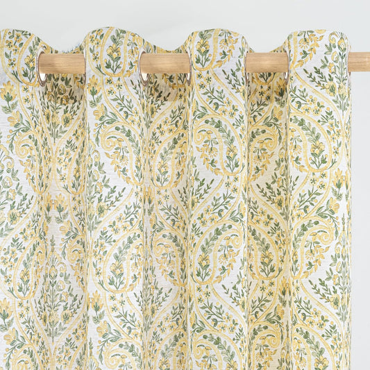 BGment Yellow Boho Curtains for Living Room - Linen Leaf Paisley Floral Pattern Light Filtering Cottage Core Grommet Window Linen Semi Sheer Drapes for Farmhouse, 2 Panels, 52 x 84 Inch
