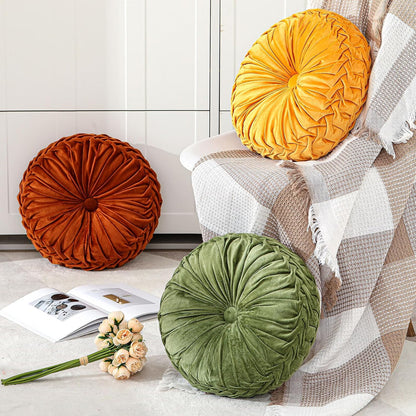 Drydiet 1 Pcs Round Throw Velvet Pillows Decorative Pleated Throw Pillows Diameter Accent Pumpkin Boho Chair Cushion for Couch Sofa Home Decoration (Yellow,15'')