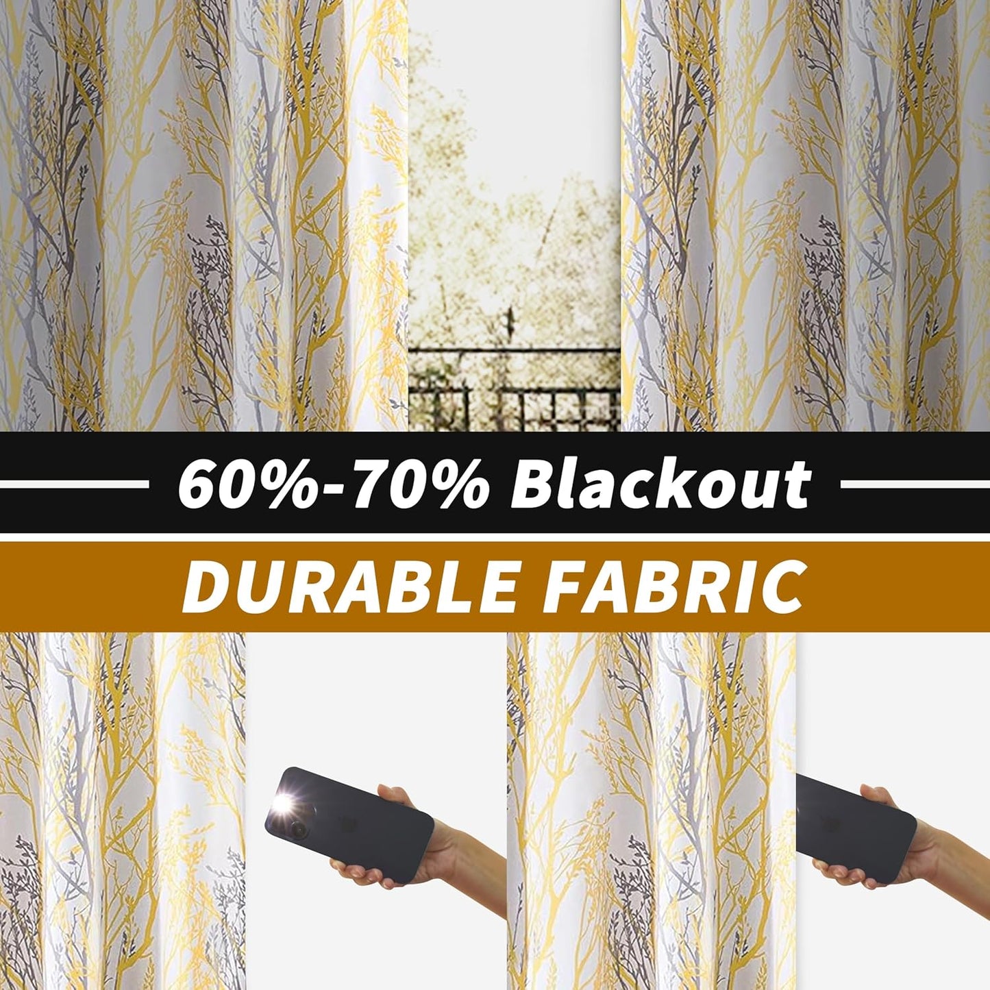 DriftAway Tree Branch Blackout Curtains Double Layer 84 Inches Long for Bedroom Printed Patterned Classic Thermal Insulated Summer Sound Lined Grommet Drapes for Living Room 2 Panels Yellow/White